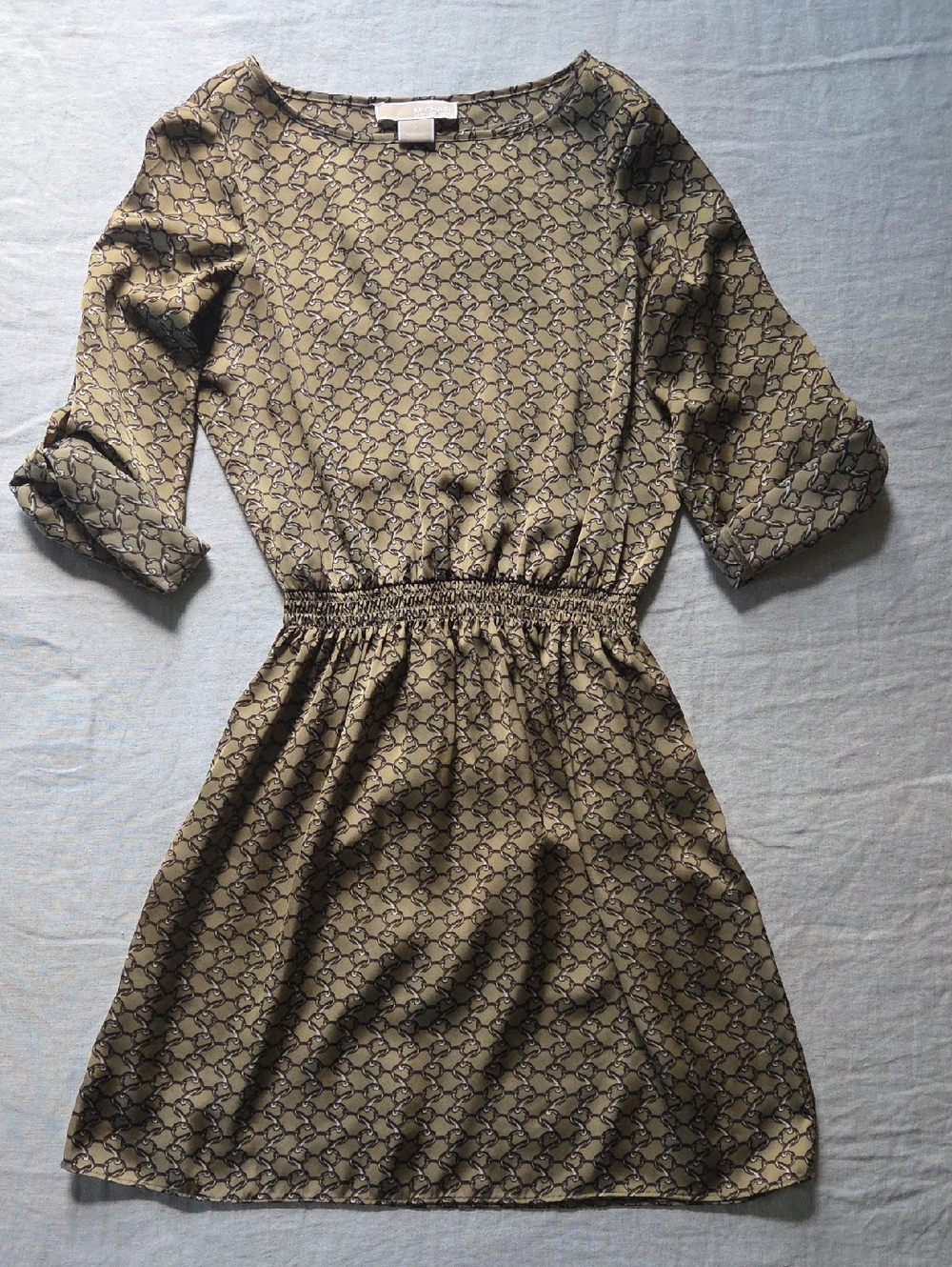 Michael Kors Olive Patterned Long-Sleeve Elastic-Waist Dress